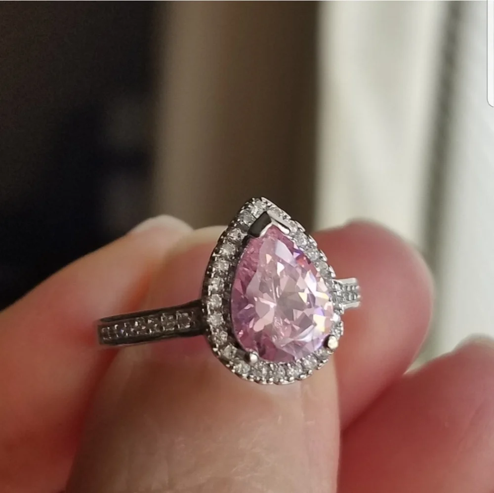 Swarovski Elements 925 Sterling Silver Pink CZ Teardrop Solitaire Ring NEW